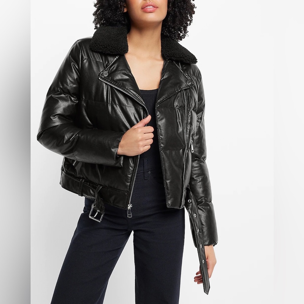 Faux Leather Fur Collar Belted Hem Puffer Moto Jacket - NWT Size XS - Picture 5 of 7